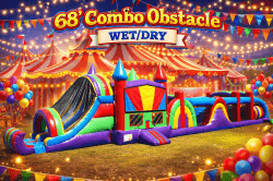 68 Ft Obstacle Course W Bounce House and Slide Wet